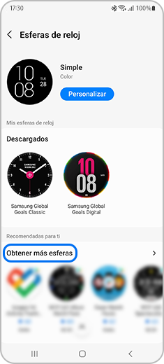 Vista de la pantalla "Esferas de reloj" en un smartphone.