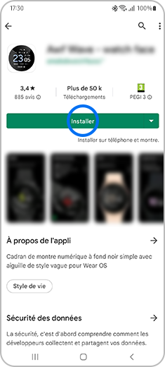 Vue du cadran sélectionné avec un geste de pression sur le bouton « Installer ».