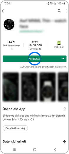 Ansicht des ausgewählten Ziffernblatts zum Antippen der „Installieren“-Taste.