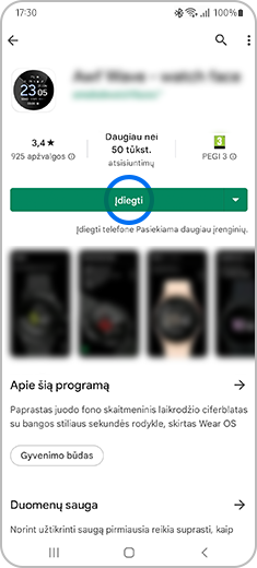 Pasirinkto laikrodžio ciferblato vaizdo rodinys su paliestu mygtuku „Įdiegti“.