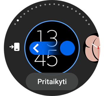 Pritaikymo ekranas su perbraukimo kairėn piktograma.