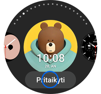 Individualizuotas laikrodžio ciferblato vaizdas su paryškintu mygtuku „Pritaikyti“.