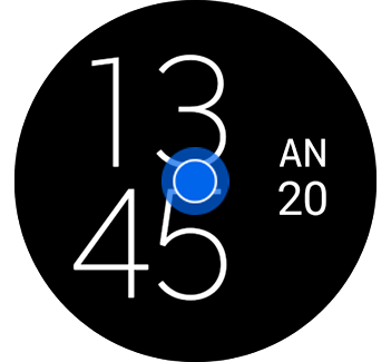 Laikrodžio ciferblato vaizdas su paspaudžiama ir laikoma piktograma centre.