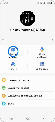 Widok aplikacji Samsung Galaxy Wearable po dotknięciu opcji „Tarcze zegarka”.