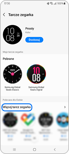 Widok ekranu „Tarcze zegarka” na smartfonie.