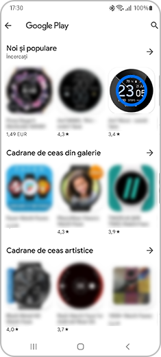 Imagine cu ecranul „Google Play”, cu unul dintre aspecte de ceas disponibile evidențiate.