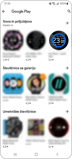 Zobrazenie obrazovky „Google Play“ s jedným zvýrazneným ciferníkom.