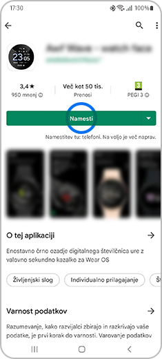 Zobrazenie zvoleného ciferníka s ťuknutím na tlačidlo „Namesti“.