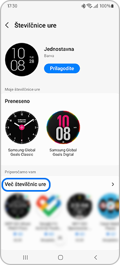 Zobrazenie obrazovky „Številčnice ure“ v smartfóne.