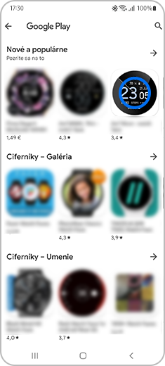 Zobrazenie obrazovky „Google Play“ s jedným zvýrazneným ciferníkom.