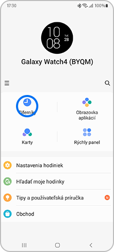 Zobrazenie aplikácie Galaxy Wearable s ťuknutím na možnosť „Ciferníky“.