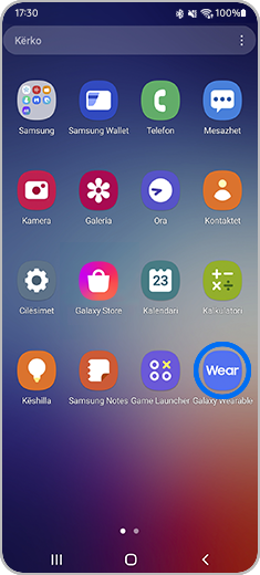 Pamja e ekranit fillestar me aplikacionin Galaxy Wearable të theksuar.