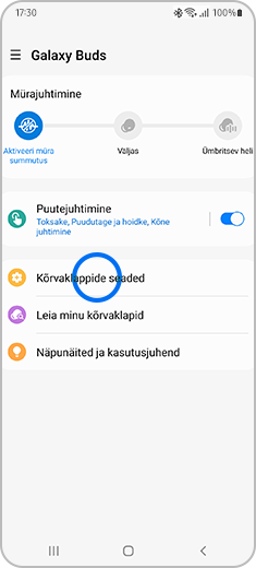 Vaade ekraanist „Galaxy Buds” esiletõstetud valikuga „Kõrvaklappide seaded”.