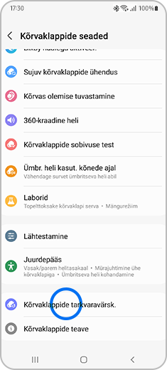Vaade kõrvaklappide seadete menüüst esiletõstetud valikuga „Kõrvaklappide tarkvaravärskendus”.