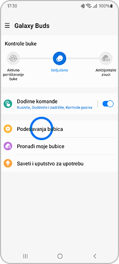 Prikaz ekrana „Galaxy Buds” sa označenom opcijom „Podešavanja bubica”.