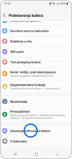 Prikaz ekrana „Podešavanja bubica” sa označenom opcijom „Ažuriranje softvera za bubice”.