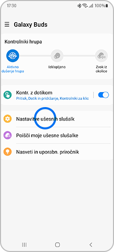 Prikaz zaslona »Galaxy Buds« z označeno možnostjo »Nastavitve ušesnih slušalk«.