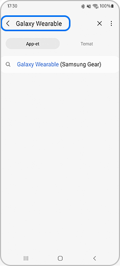 Pamja e ekranit të kërkimit me opsionin “Galaxy Wearable” të theksuar.