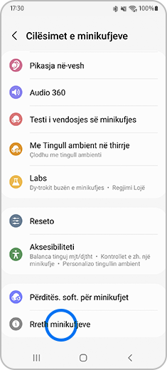 Pamja e ekranit “Cilësimet e minikufjeve” me opsionin “Rreth minikufjeve” të theksuar.
