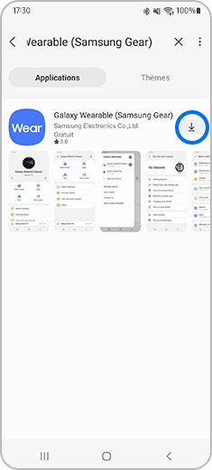 Vue de l'écran « Applications » et « Thèmes » avec un geste de pression sur l'icône d'installation.
