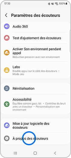 Vue de l'écran « Paramètres des écouteurs » avec l'option « À propos des écouteurs » en évidence
