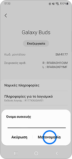 Εμφάνιση του αναδυόμενου παραθύρου του ονόματος της συσκευής με επισήμανση της επιλογής «Μετονομασία».