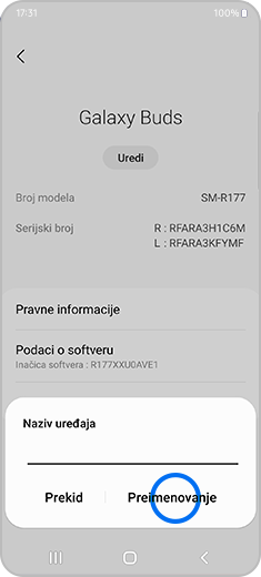Prikaz skočnog prozora za preimenovanje uređaja s istaknutom stavkom „Preimenovanje“.