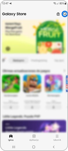 Prikaz glavnog zaslona aplikacije Galaxy Store s dodirom na ikonu povećala.