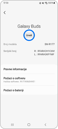 Prikaz zaslona „O slušalicama“ s istaknutom stavkom „Uredi“