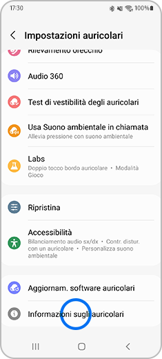 Immagine della schermata “Impostazioni Earbuds” con l’opzione “Informazioni sugliuauricolai” evidenziata.