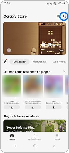Vista de la pantalla principal de Galaxy Store con un toque en el icono de la lupa.