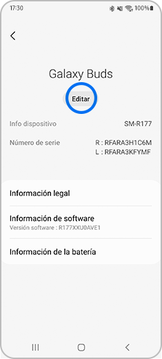 Vista de la pantalla "Acerca de los auriculares" con la opción "Editar" resaltada.