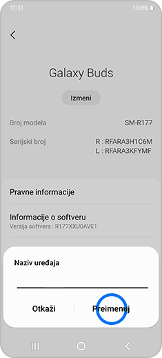 Prikaz iskačućeg prozora imena uređaja sa označenom opcijom „Preimenuj”