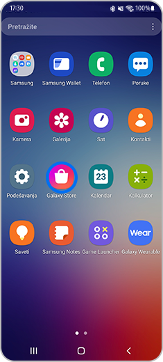 Prikaz ekrana sa aplikacijama prilikom kuckanja na ikonu „Galaxy Store”