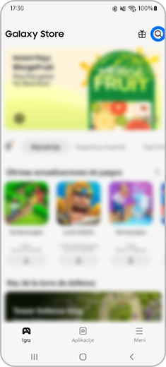 Prikaz glavnog ekrana Galaxy Store prilikom kuckanja na ikonu lupe