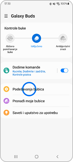 Prikaz aplikacije Galaxy Wearable sa povezanim bubicama Galaxy Buds i označenom opcijom „Podešavanja bubica”