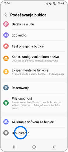 Prikaz ekrana „Podešavanja bubica” sa označenom opcijom „O bubicama”.