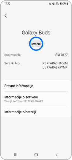 Prikaz ekrana „O bubicama” sa označenom opcijom „Izmeni”.