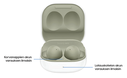Kuva Samsung Buds -korvanapeista latauskotelossa korvanappien ja latauskotelon ilmaisimet korostettuina.