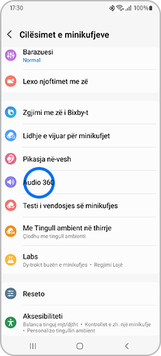 Pamja e ekranit "Cilësimet e minikufjeve" me opsionin "Audio 360" të theksuar.