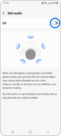 Weergave van het scherm “360-audio” met de schakelknop gemarkeerd.