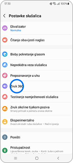 Prikaz zaslona „Postavke slušalica” s označenom opcijom „Zvuk 360”.