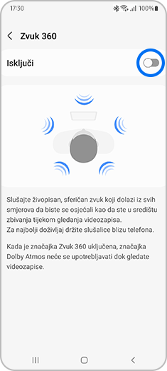 Prikaz zaslona „Zvuk 360” s označenim preklopnim gumbom.