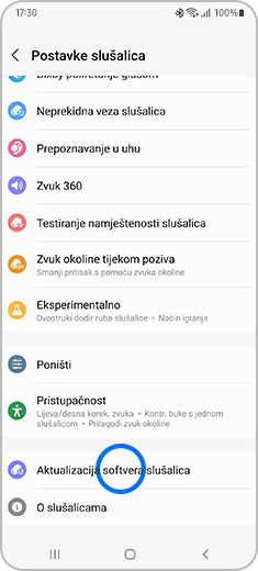 Prikaz zaslona „Postavke slušalica” s označenom opcijom „Aktualizacija softvera slušalica”.