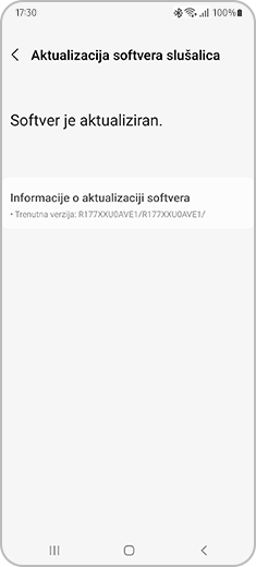 Prikaz zaslona „Aktualizacija softvera slušalica” na kojem možete provjeriti trenutnu verziju slušalica Galaxy Buds.