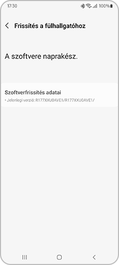 Kép a „Frissítés a fülhallgatóhoz” képernyőről, ahol ellenőrizheted a Galaxy Buds aktuális verzióját.