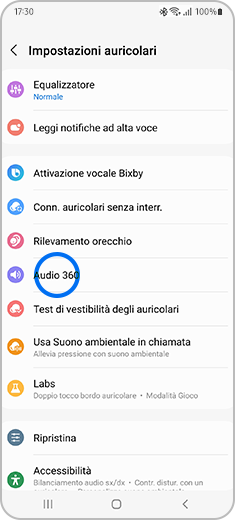 Visualizzazione della schermata "Impostazioni auricolari" con l'opzione "Audio 360" evidenziata.