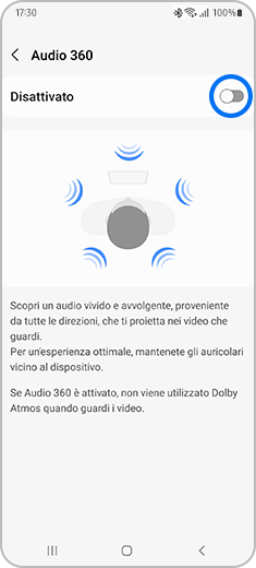 Visualizzazione della schermata "Audio 360" con il pulsante di attivazione evidenziato.