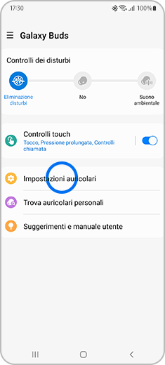 Visualizzazione dell'app Galaxy Wearable con Galaxy Buds collegate.