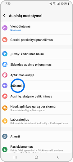 Ekrano „Ausinių nustatymai“ su paryškinta parinktimi „360 Audio“ vaizdas.
